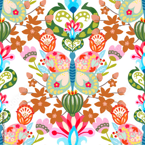 Valentine heart botanical seamless pattern inspired by traditional folk art embroidery designs textile or farbic print ornament. photo