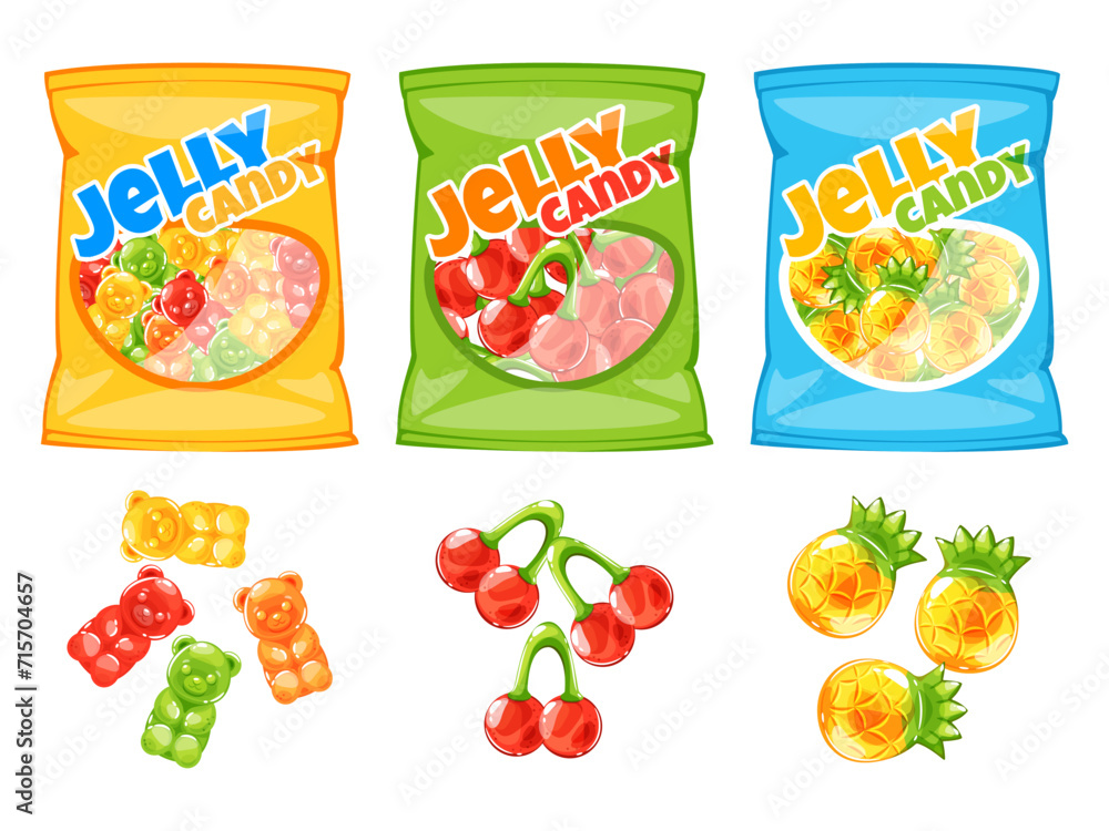Cartoon jelly candies packs. Colorful fruity gum bags. Gelatin bears. Cherries and pineapple shaped. Confectionery package. Sachet packaging. Various assortment. Sweet marmalades vector set