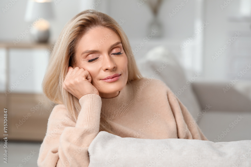 Portrait of beautiful middle aged woman with blonde hair indoors Portrait of beautiful middle aged woman with blonde hair indoors