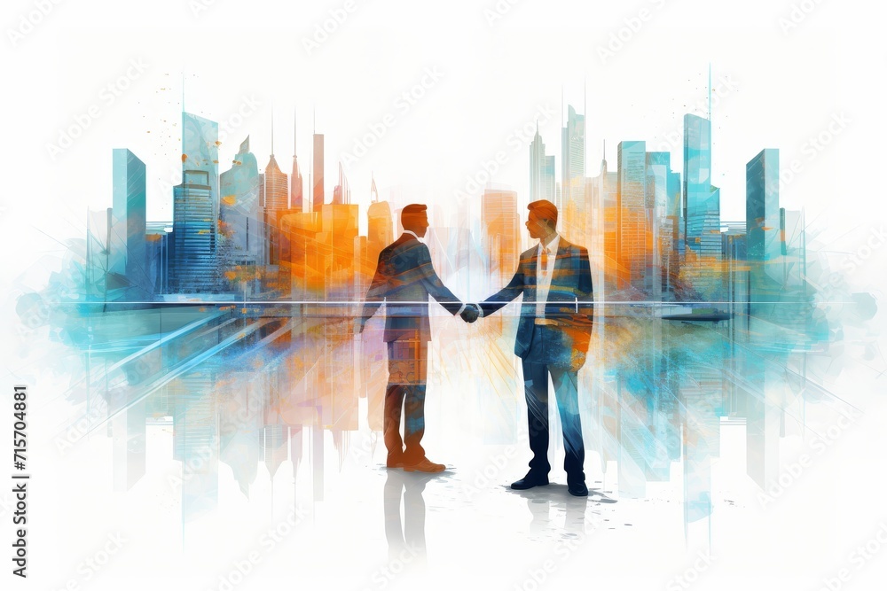 Silhouette business people shaking hands. Double exposure. Cityscape. Illustration Silhouette business people shaking hands. Double exposure. Cityscape. Illustration