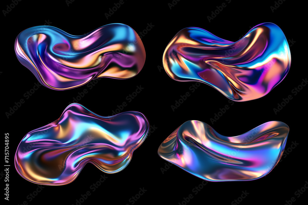 Fototapeta premium Bold holographic metal shapes isolated. Futuristic colorful melted liquid metal forms