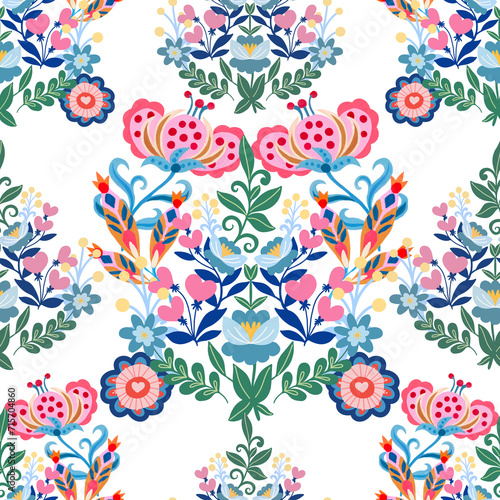 Valentine heart botanical seamless pattern inspired by traditional folk art embroidery designs textile or farbic print ornament.