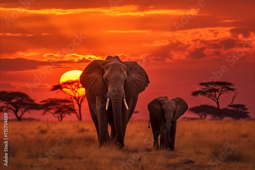 Breathtaking moment. graceful elephants roaming the serene african savannah at golden sunset © Игорь Кляхин