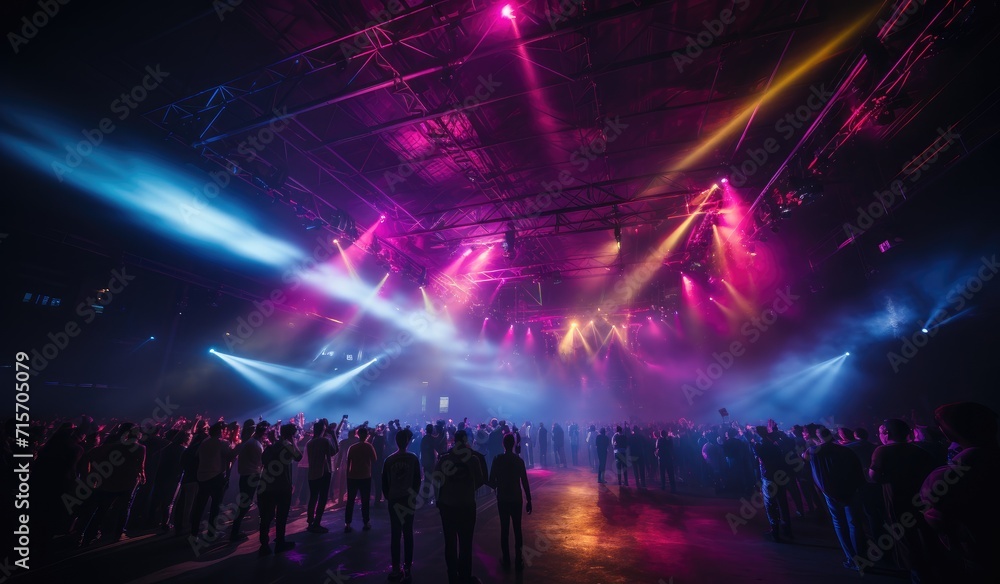 The vibrant magenta lights danced across the crowd as the pulsating music filled the air at the high-energy concert, creating a mesmerizing laser show on the stage