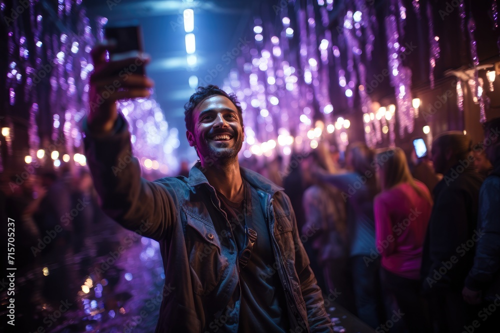 Amidst the pulsating lights and energetic crowd of a music festival, a stylishly dressed man captures a moment of joy and excitement through his selfie, immortalizing the magic of live entertainment