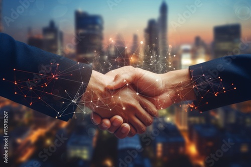 Business People Shaking Hands. Technology. Cityscape. Network Connection. Partnership