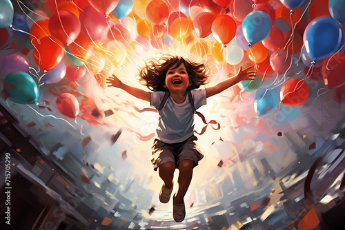 A joyful child jumping with excitement, surrounded by colorful streamers and balloons on their special day.
