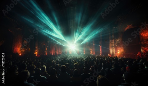 A pulsing crowd loses themselves in the vibrant energy of a concert, enveloped by the darkness and illuminated by the laser lights as they revel in the outdoor event © Larisa AI
