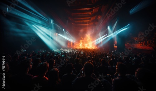 An electrifying rock concert blazes on stage, captivating the audience in a fiery music venue