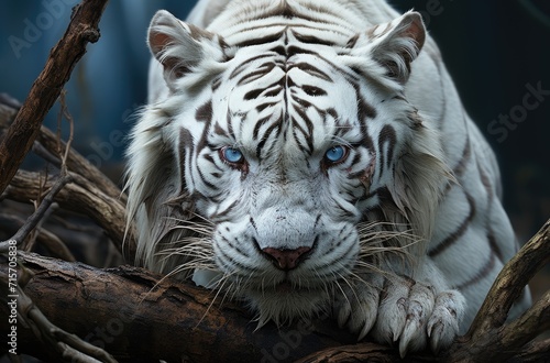 A majestic white tiger  with piercing blue eyes  gazes confidently from its outdoor enclosure at the zoo  its snout and whiskers twitching in anticipation of the next branch to conquer