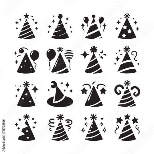 Festive Elegance: A Captivating Array of Party Hat Silhouettes Bedazzling the Celebration Atmosphere - Party Hat Illustration - Celebration Vector
