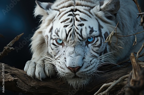Captivating and majestic, a rare white tiger with piercing blue eyes gazes confidently from its outdoor enclosure at the zoo