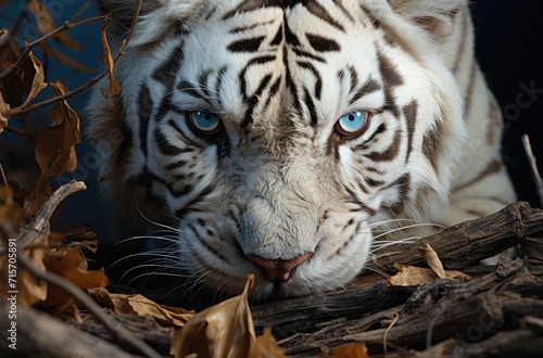 A majestic white tiger with striking blue eyes prowls through the lush outdoor landscape  exuding a sense of wild grace and primal power as a member of the magnificent felidae family