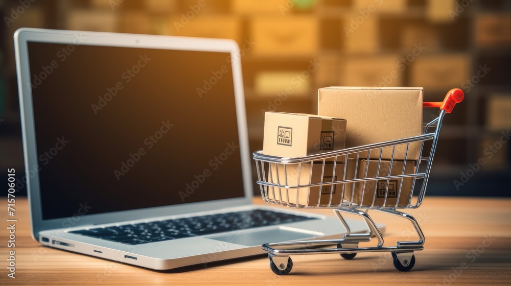Online shopping and retail online marketing, products package boxes and shopping cart model for online an delivery, copy space for texts