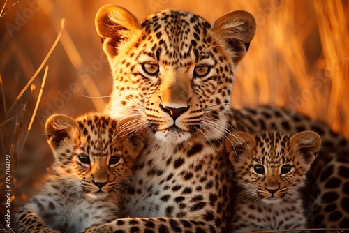 A beautiful scene of a family of leopards bathed in the warm glow of african savannah sunset