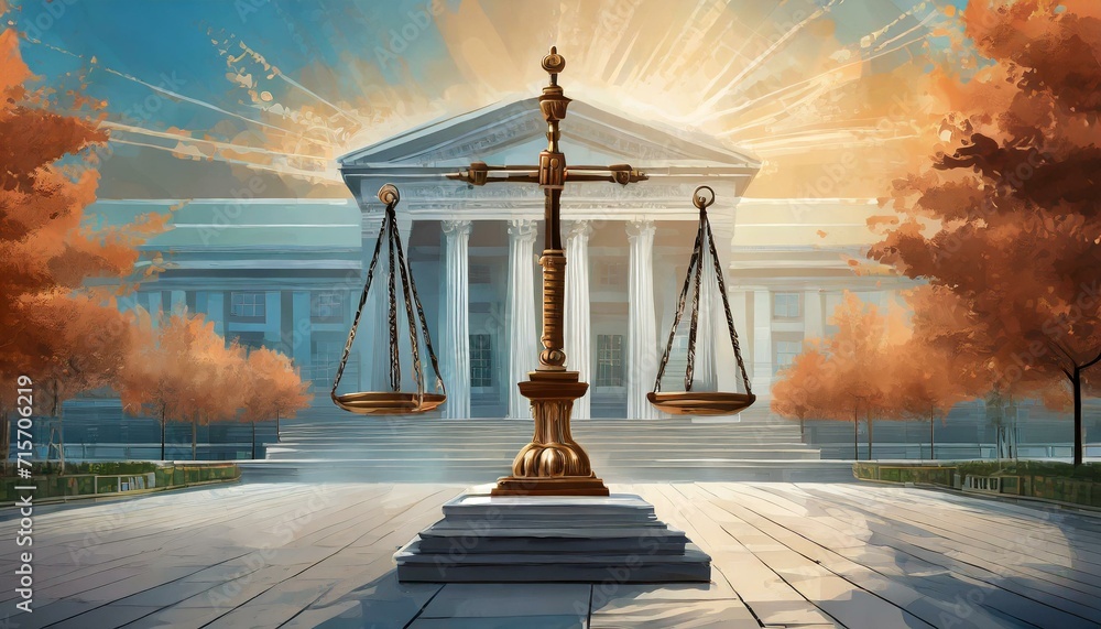 fairness scales of justice against court house building background banner, concept of business financial protection by law - obrazy, fototapety, plakaty 