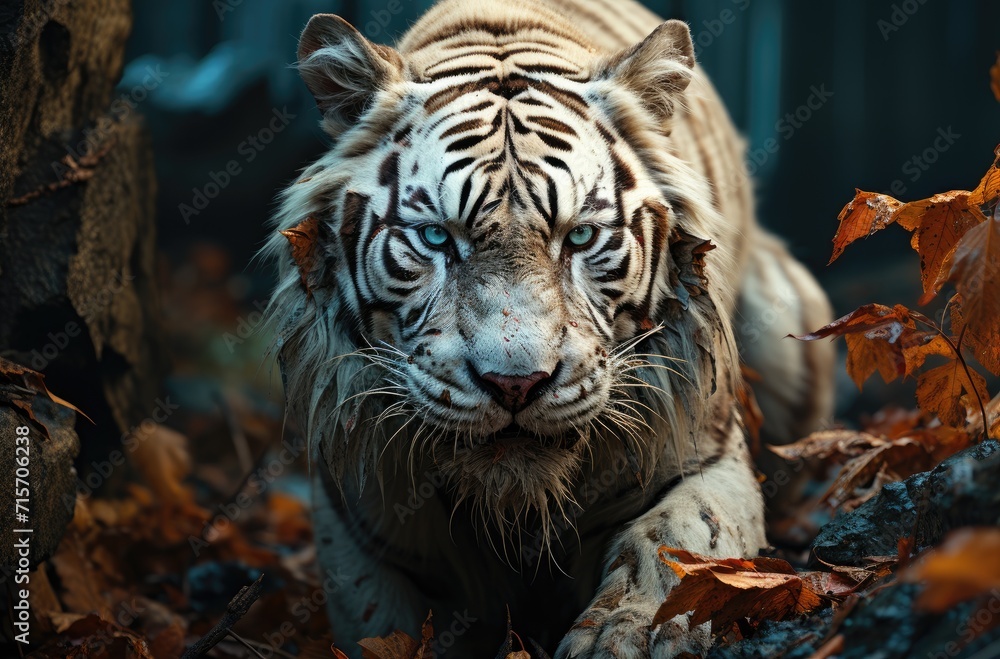 A magnificent white tiger with piercing blue eyes stands majestically in its natural habitat, exuding power and grace as a symbol of the fierce beauty of the animal kingdom