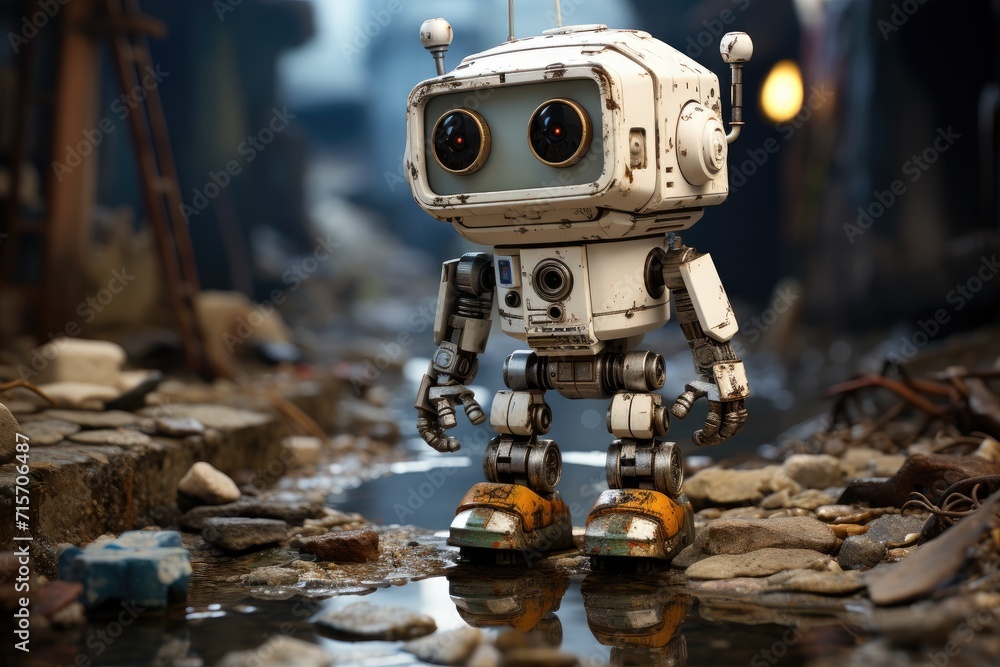 An automaton toy defies gravity, balancing on a stream of water in an outdoor setting, showcasing its robotic prowess and captivating the imagination An automaton toy defies gravity, balancing on a stream of water in an outdoor setting, showcasing its robotic prowess and captivating the imagination