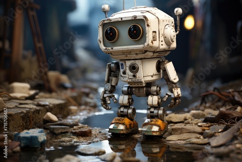 An automaton toy defies gravity, balancing on a stream of water in an outdoor setting, showcasing its robotic prowess and captivating the imagination