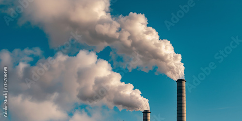 Scène industrielle dramatique avec émission de fumée des cheminées contre un ciel bleu