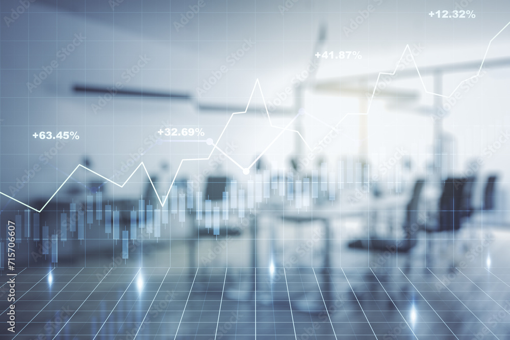 Abstract virtual financial graph hologram on a modern furnished classroom background, financial and trading concept. Multiexposure Abstract virtual financial graph hologram on a modern furnished classroom background, financial and trading concept. Multiexposure