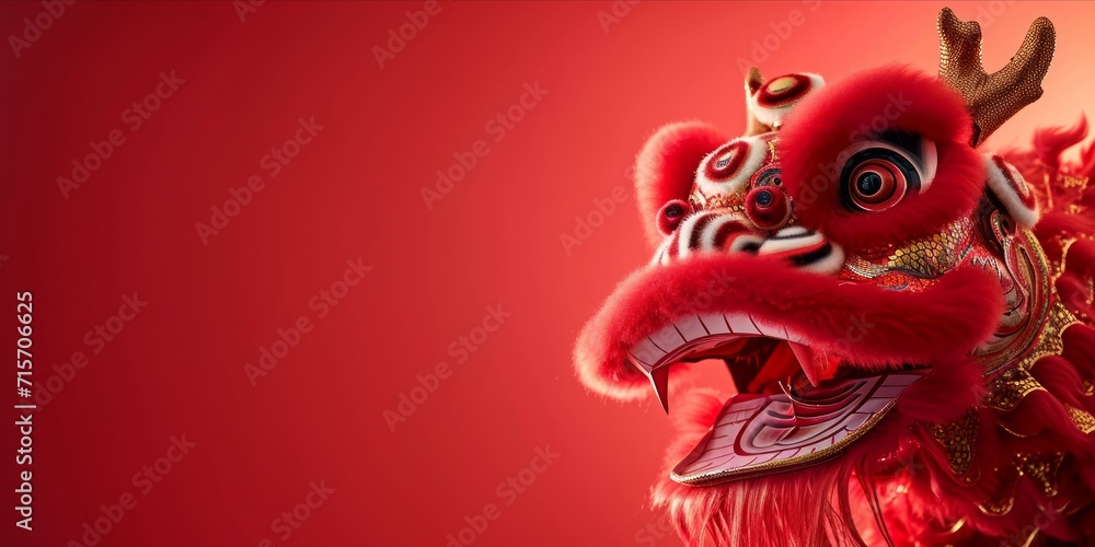 Chinese lion dance on a red background with copy space for text.