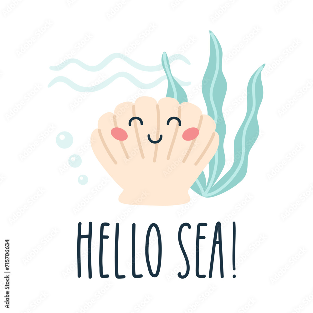 Lettering quote sea life, ocean, beach, summer vacation with cute cartoon shell character. Poster, print, postcard, sticker on a marine theme. Hello sea Lettering quote sea life, ocean, beach, summer vacation with cute cartoon shell character. Poster, print, postcard, sticker on a marine theme. Hello sea