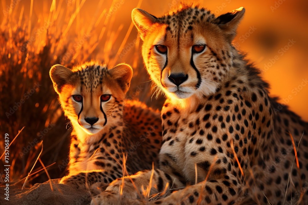 Obraz premium Majestic cheetah family roaming african savannah at sunset - stunning wildlife photography