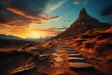 A winding stone path beckons towards a majestic mountain, as the vibrant colors of sunrise and sunset illuminate the vast outdoor landscape under the ever-changing sky