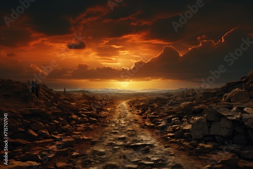 As the sun sinks below the horizon, casting an orange afterglow across the sky, a dirt road winds through the rocky landscape, enveloped in the heat of the evening photo