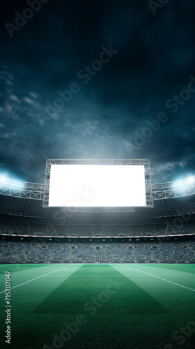 Impressive stadium with massive blank mockup scoreboard screen under spectacular evening lighting and empty stands ready for event branding. Sports event demo. Large scale advertisement of the stadium
