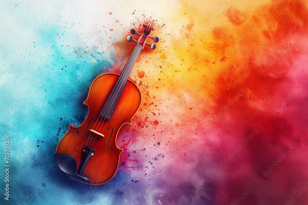 Violin in colorful powder explosion. Illustration of the violin enveloped in elements on black background. Lights and music and color