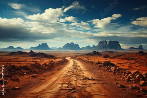 A solitary road winds through the vast, rugged landscape of a desert badlands, with clouds drifting lazily in the sky above and the rocky terrain of aeolian landforms stretching out towards the dista