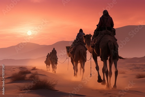 Against a breathtaking desert landscape, a group of adventurous riders on majestic arabian camels traverse the rugged terrain, their silhouettes illuminated by the fiery hues of a setting sun