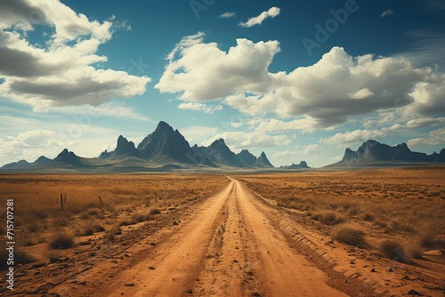 A dusty path winds through the rugged tundra landscape, with mountains towering in the distance and a vast expanse of sky above, capturing the essence of raw, natural beauty in the heart of the deser
