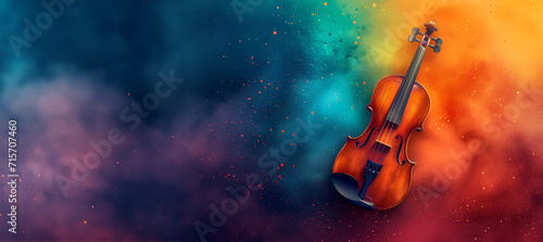 Violin in colorful powder explosion. Illustration of the violin enveloped in elements on black background. Lights and music and color photo