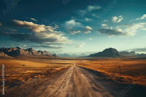 A dusty dirt road winds through the vast desert landscape, with mountains in the distance and a colorful sunset painting the sky above photo
