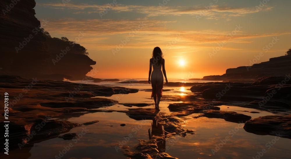 As the sun rises, a woman stands on the beach, surrounded by the tranquil nature of the lake and mountains, reflecting on the beauty of the outdoor world