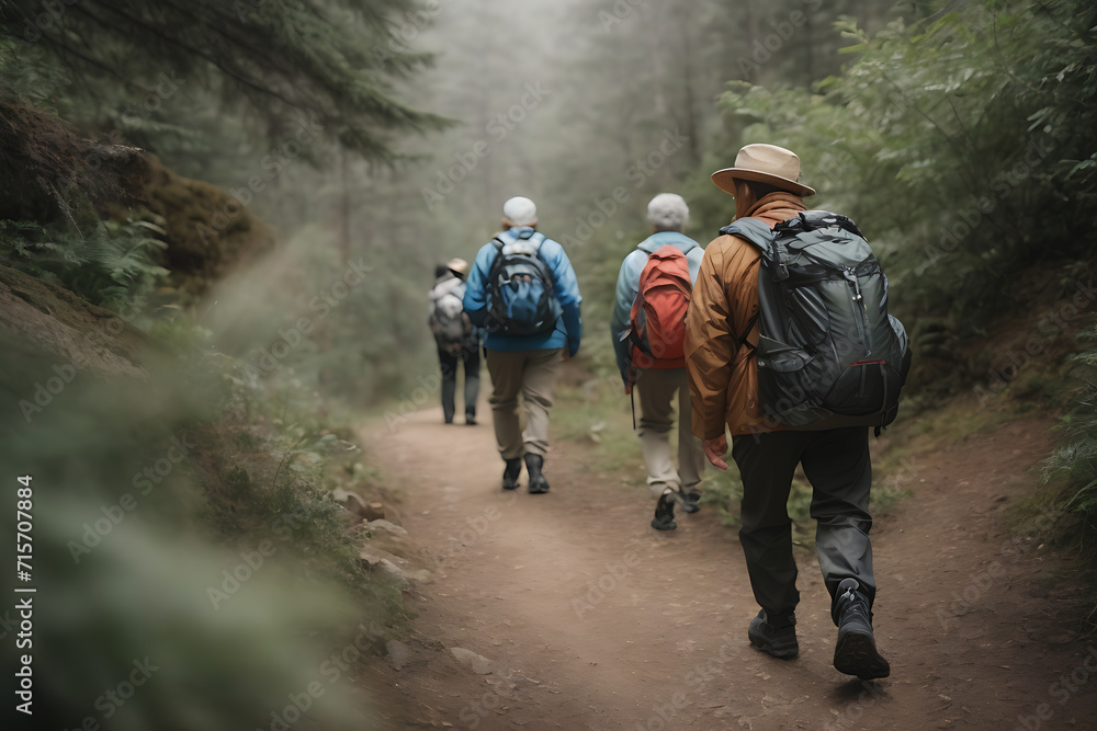 Group of People Walking Down Trail in the Woods. Generative AI. Group of People Walking Down Trail in the Woods. Generative AI.