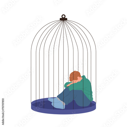 Upset man cartoon character sitting in cage crying hiding face with tears isolated on white