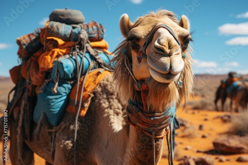 In the vast desert  an adventurous arabian camel treks with a backpack on its back  gazing up at the endless sky