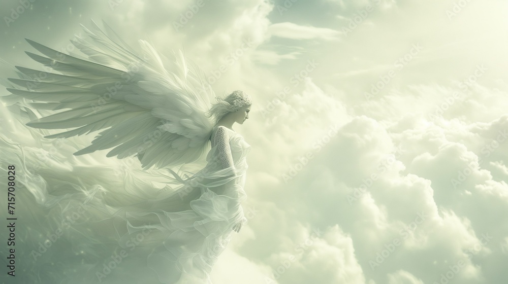An illustration of an angel soaring in white clouds An illustration of an angel soaring in white clouds