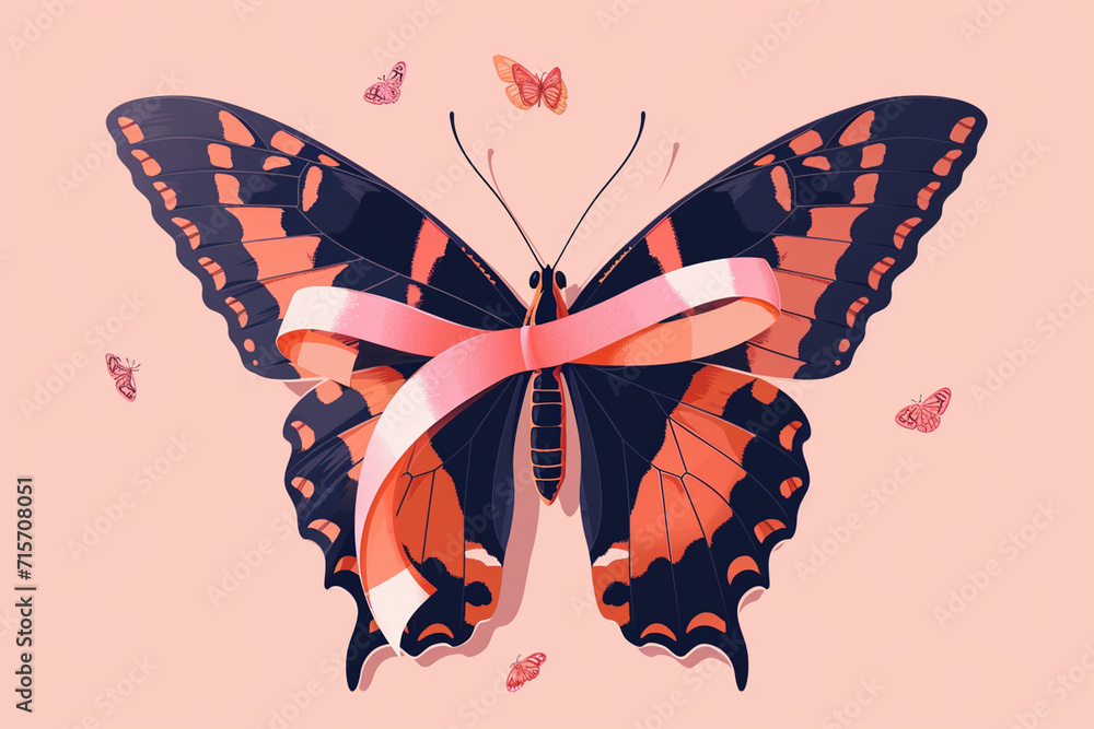 A butterfly with ribbon wings, representing transformation and hope, World Cancer Day, flat illustration A butterfly with ribbon wings, representing transformation and hope, World Cancer Day, flat illustration