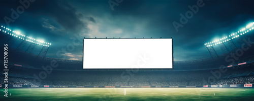 Impressive stadium with massive blank mockup scoreboard screen under spectacular evening lighting and empty stands ready for event branding. Sports event demo. Large scale advertisement of the stadium