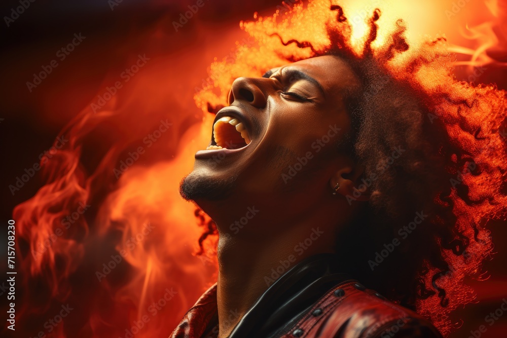 A fiery-haired man exudes intense heat and passion as he stands boldly outdoors, a red flame flickering from his mouth like a symbol of his fierce spirit