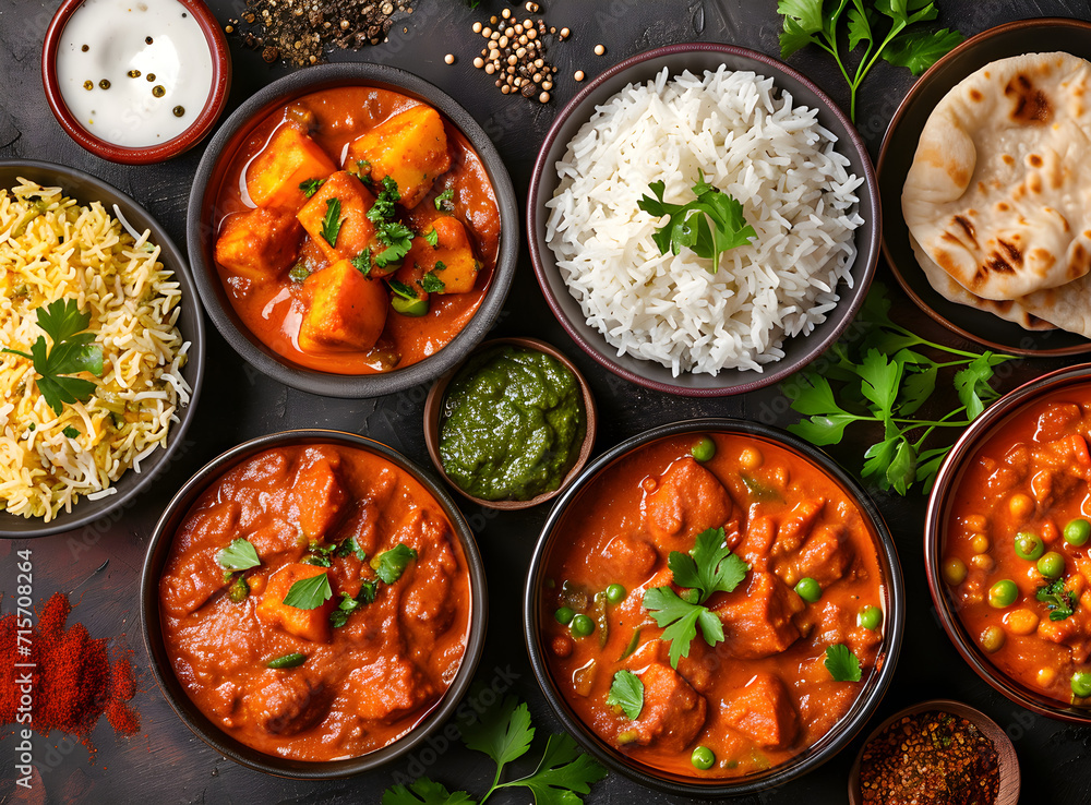 Bowls of Indian food on a dark table, showcasing the vibrant and aromatic flavors of traditional cuisine. Bowls of Indian food on a dark table, showcasing the vibrant and aromatic flavors of traditional cuisine.