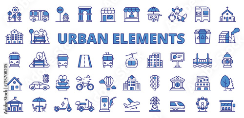 Urban icons in line design blue. City, country, town, infrastructure, travel, shop, tourism, map isolated on white background vector. Urban city editable stroke icon.