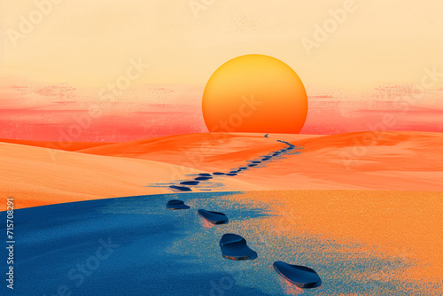 A series of footsteps leading to a hopeful sunrise, symbolizing the journey of cancer patients, World Cancer Day, flat illustration photo