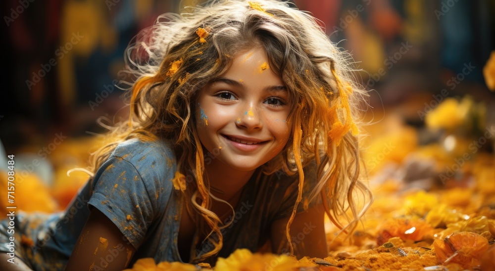 A vibrant girl with a yellow flower in her hair lies smiling on the ground, her face adorned with orange paint, creating a stunning portrait of self-expression and freedom in the great outdoors