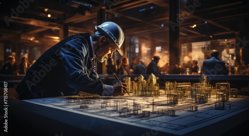 A dedicated architect envisions a bustling metropolis within the walls of a dimly lit factory, clad in his trusty hardhat and immersed in the intricate details of his blueprint